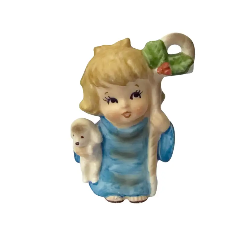 VTG Lefton Shepherd Kid Doggy Figurine Christmas Decor Blue Robe