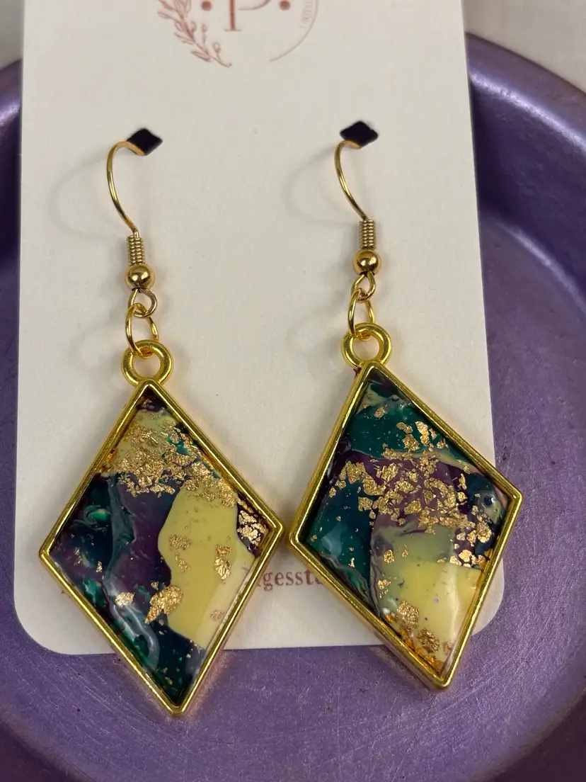 Handmade Polymer Clay Earrings Mardis Gras  Green Gold Yellow Shimmer