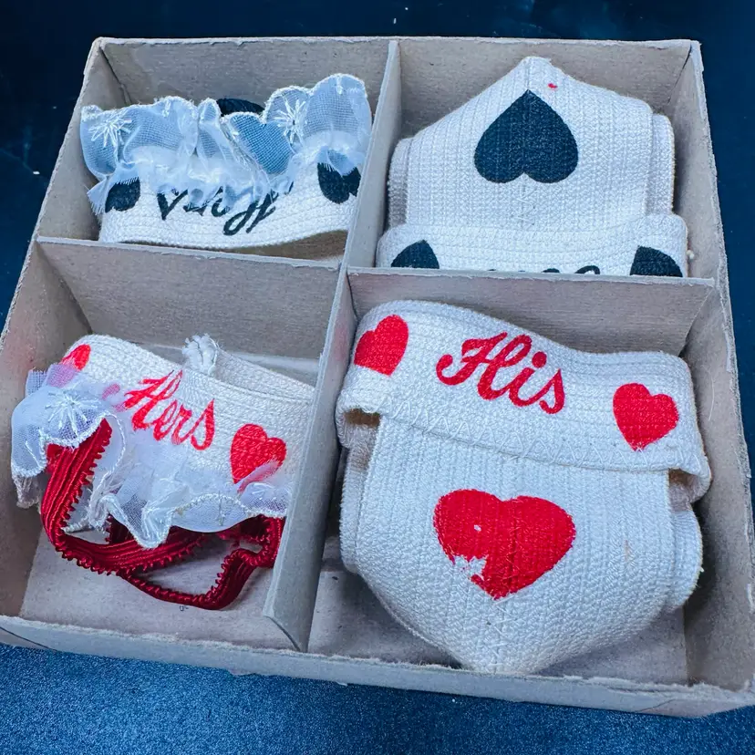 32. VTG His & Hers coaster set featuring mini underwear. Gag gifts in the 1950s