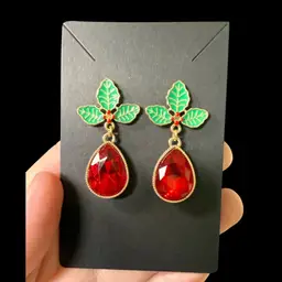 Christmas Enamel Holly Berry Gold Tone Dangle Post Earrings, RED Stone
