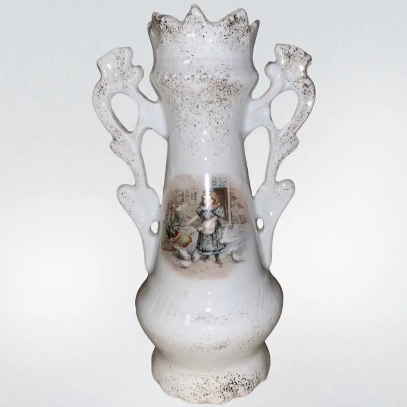 Bud Vase Little Girl Feeding Birds & Floral 6.5” Porcelain