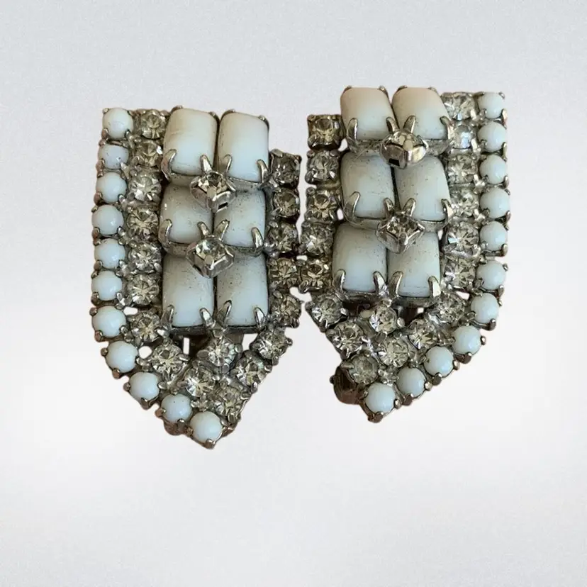 Statement Prong Set White Milk Glass Clip On Earrings With White Crystals