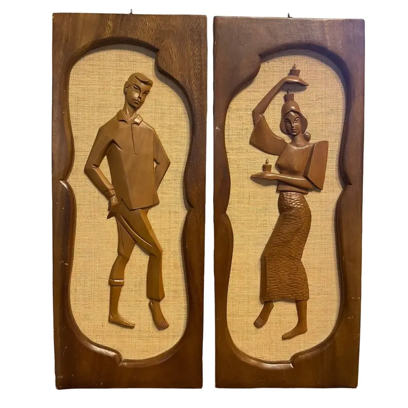 PAIR LARGE TEAK DANCERS MAN & WOMAN WALL ART SCULPTURES IN FRAME MID CENTURY