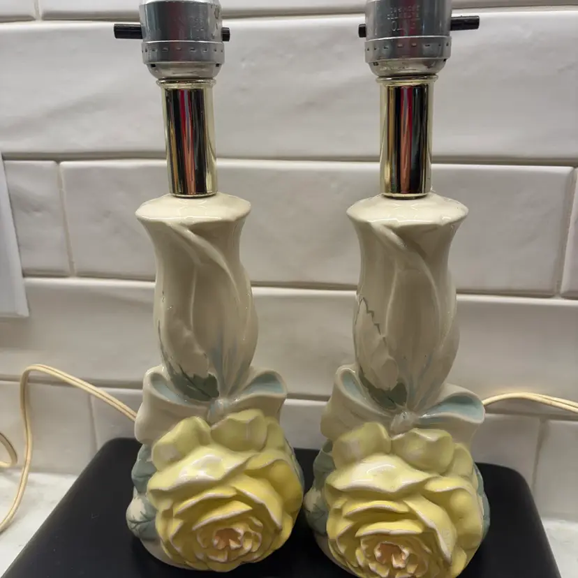 Vintage Pair Wm F.B. Johnson Boudoir Lamps – Yellow Rose Ceramic Hand Decorated
