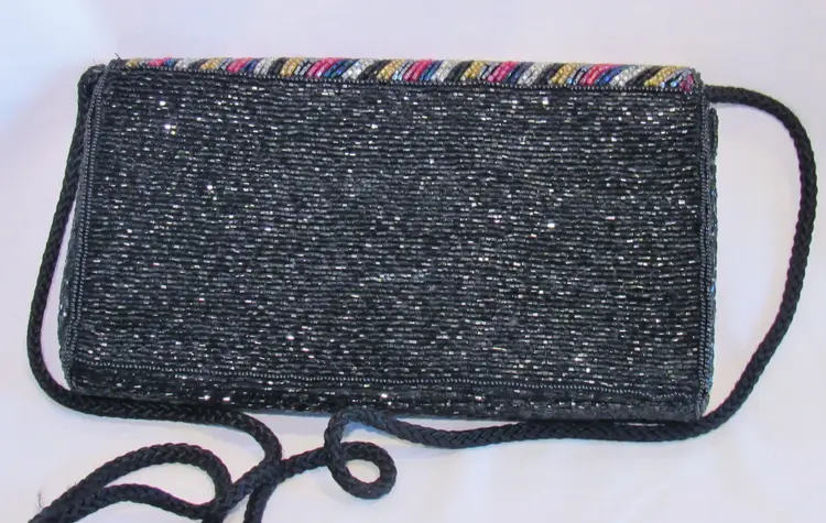 La Regale Black & Multi-color Beaded Shoulder Cross-body Vintage Evening Purse