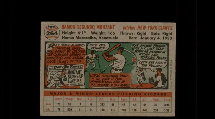 1956 Topps #264 Ray Monzant - (pk-tl2) - New York Giants