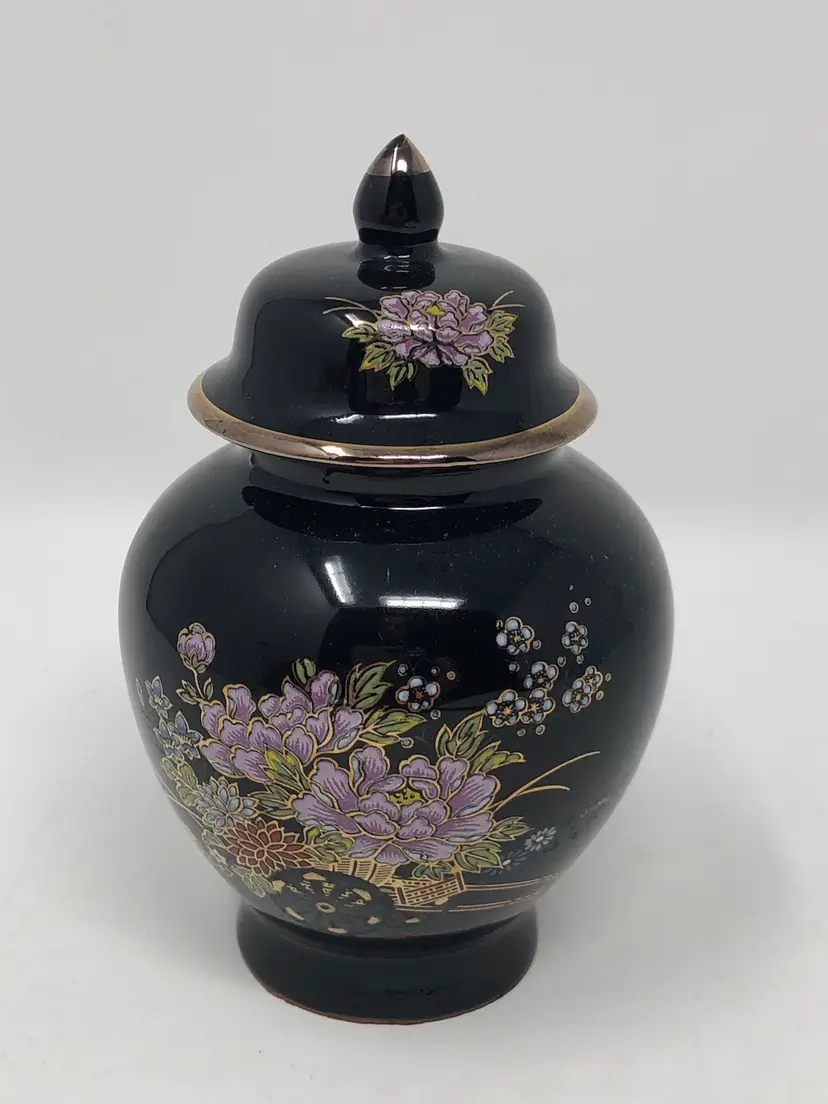 Black Ginger Jar Japanese Lidded Vase with Floral Design and Gold Detail