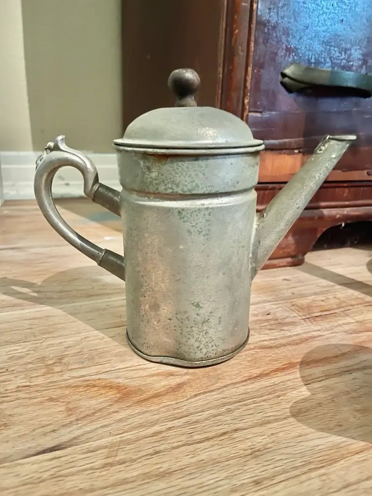Antique Tin Old Grist Mill Wheat Coffee pot by Kreamer (stamped)