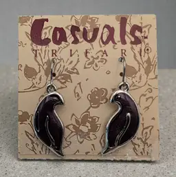 Trifari Casuals Plum Enamel on Metal Birds Partridge Drop Hook Pierced Earrings