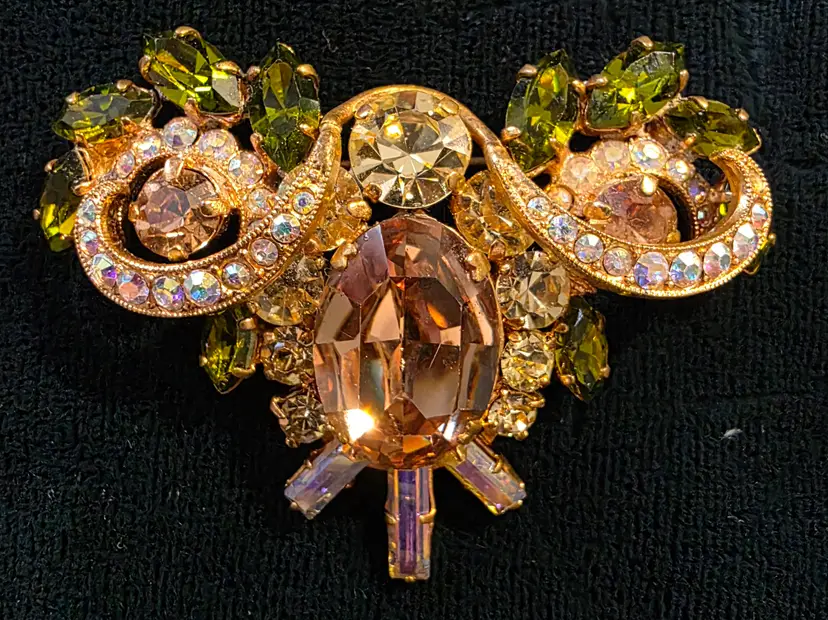 Vintage Ladies Brooch w/Prong Set Navettes , Art Nouveau Swirl A B Stones , 3 Bagettes and Foil Back .