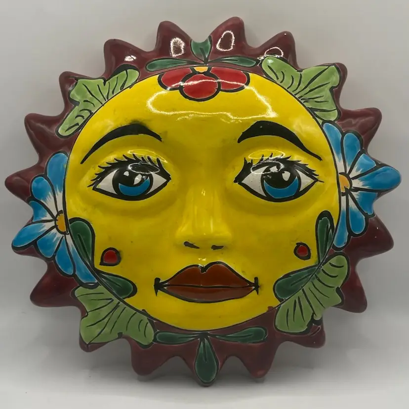 Mexico Terracotta Hand painted Celestial Sun Wall Hanging, 10”