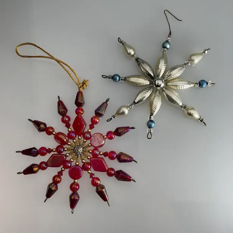 Silver Mercury & Red Blown Glass Bead Snowflake Lot of 2 Christmas Ornaments Vintage