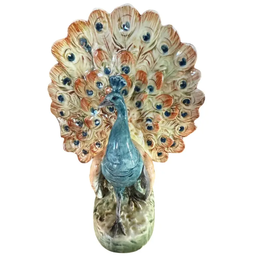 VINTAGE MAJOLICA ROYAL DUX CZECH BOHEMIAN PEACOCK FEATHER 10" POTTERY FIGURINE VASE