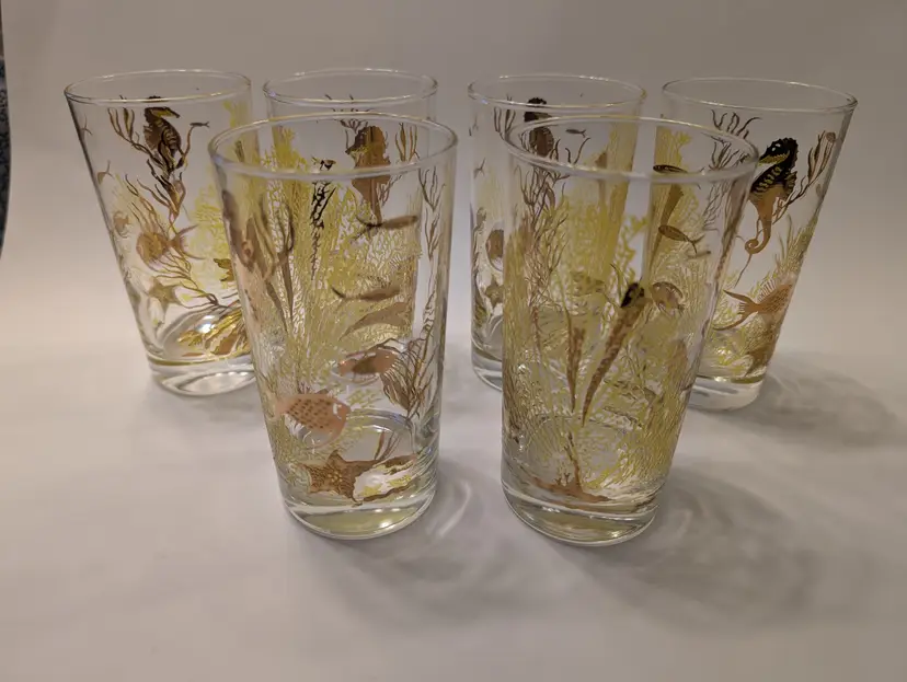 Bartlett Collins Under the Sea 22 ct gold Set of 6 Tumblers Barware 8 oz