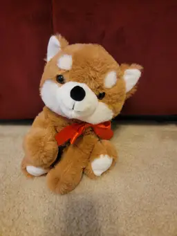 Shiba Inu plush 9 in Plush With Red Ribbon And Headband Brown And White.