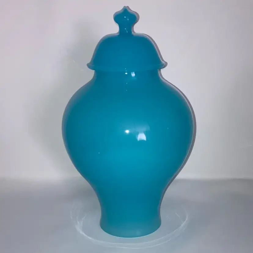 Fenton Pekin Blue Glass Temple Ginger Jar! 10 1/4” Tall  5 1/2” Wide! Embossed! READ! Tiny Chips On Inner Lip As Expected For Age!