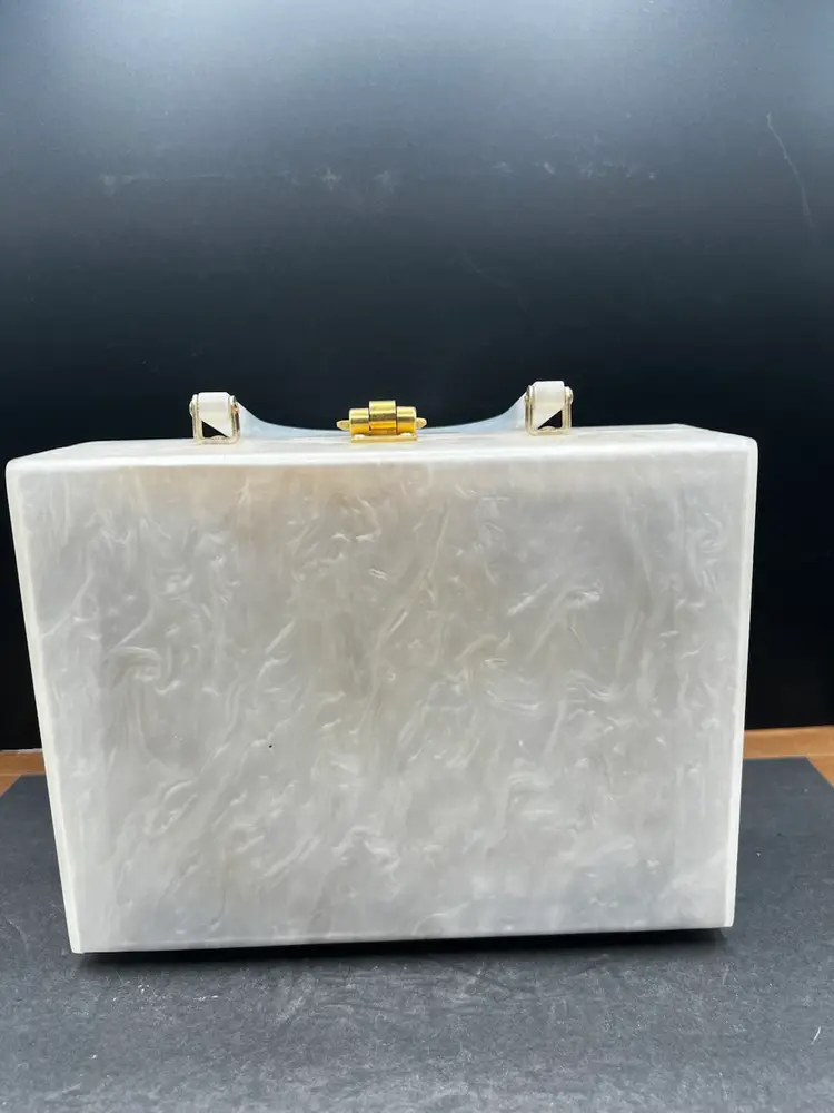 #895B Vintage 1950’s Stylecraft Of Miami Made In Hong Kong Pearlized White Lucite Handbag With Gold Tone Hardware