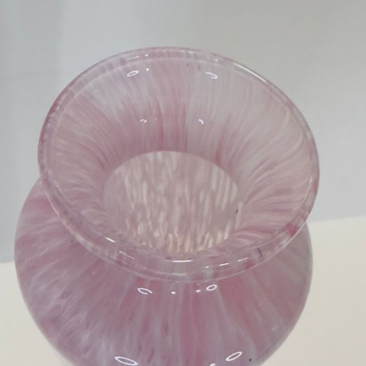#1287 Lavorazione Murano Hand Blown Italian Cut Glass Vase Pink Swirl Encased Glass 9” Vase