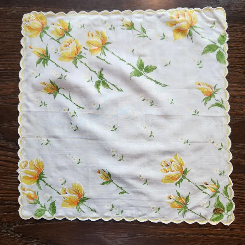 Hand Painted Handkerchief Yellow Roses Floral Square Hanky w Scalloped Edge Vintage Cotton w RN Number New Old Stock 1960s