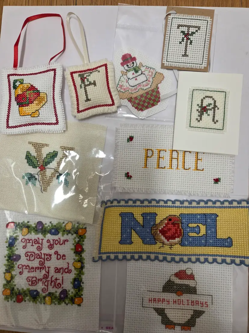 New Lot of 39 Christmas themed Cross-stitched pieces