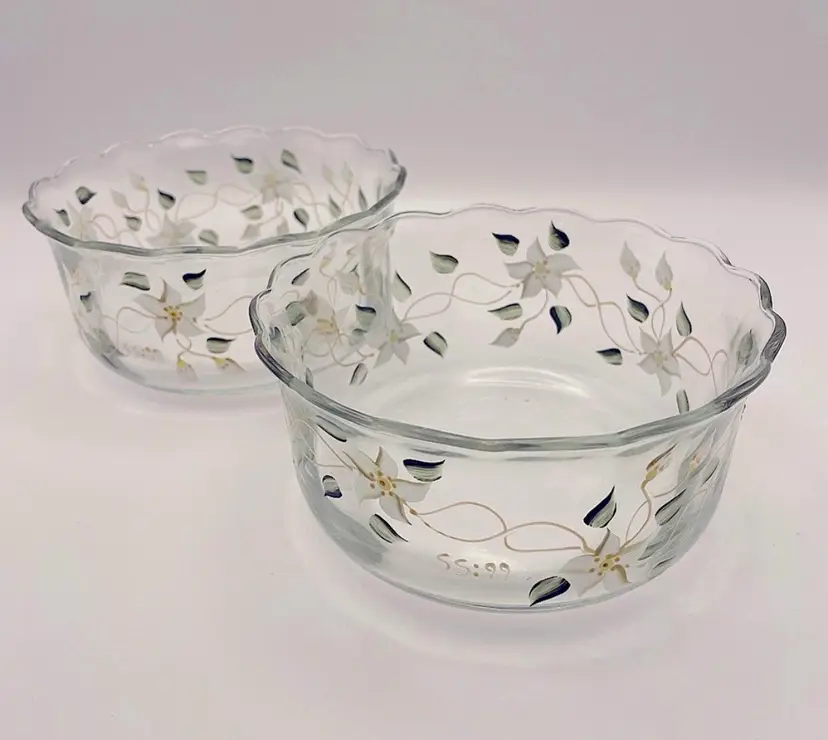Hand Painted, Signed and Dated “SS:99”, 2 Clear Glass Bowls with White Flowers, Green Leaves, Yellow/Gold Accents, Ruffled Edges. Very Pretty!