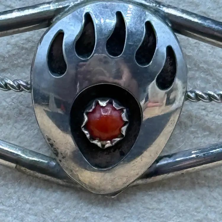 Native American Coral Bear Paw Sterling Silver Cuff 6.25” Unmarked Tested