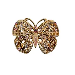 Vtg Butterfly Purple Pink Rhinestone 2-1/4" Brooch Pin Gold Tone Filigree