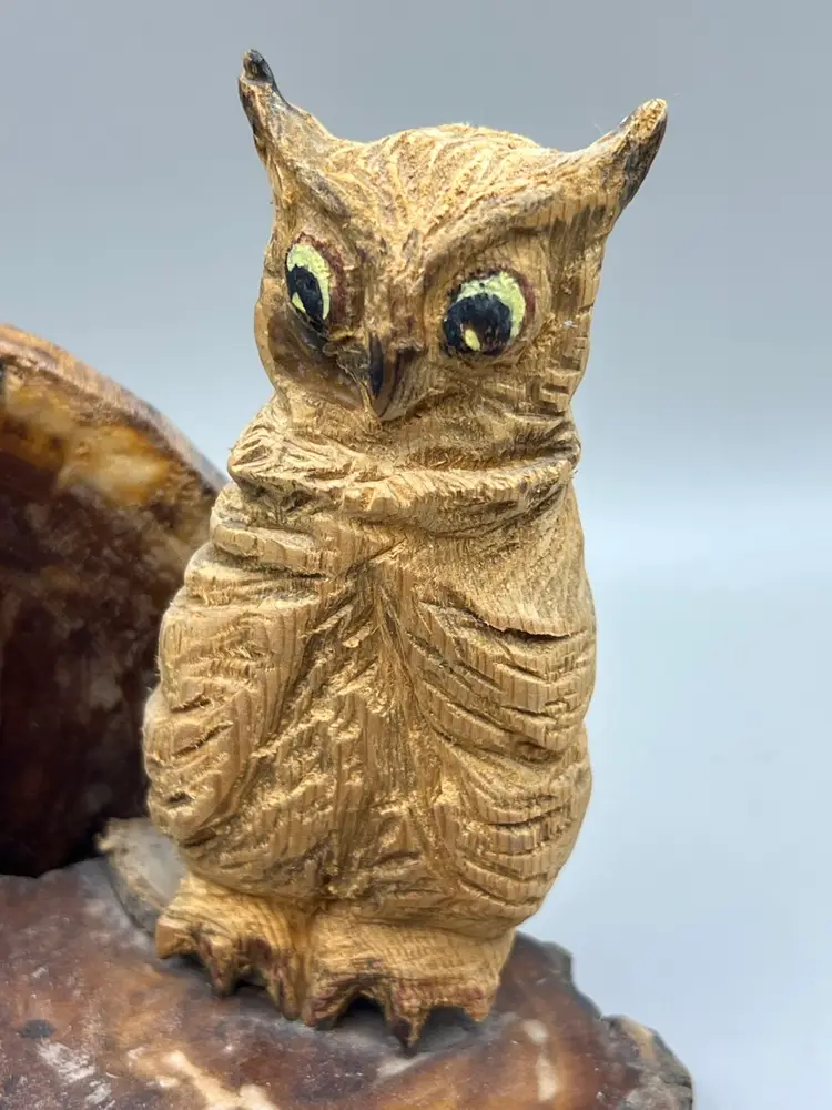 Carved Wooden Wall Hang With Owl And Mushrooms 5.5”x4.5”