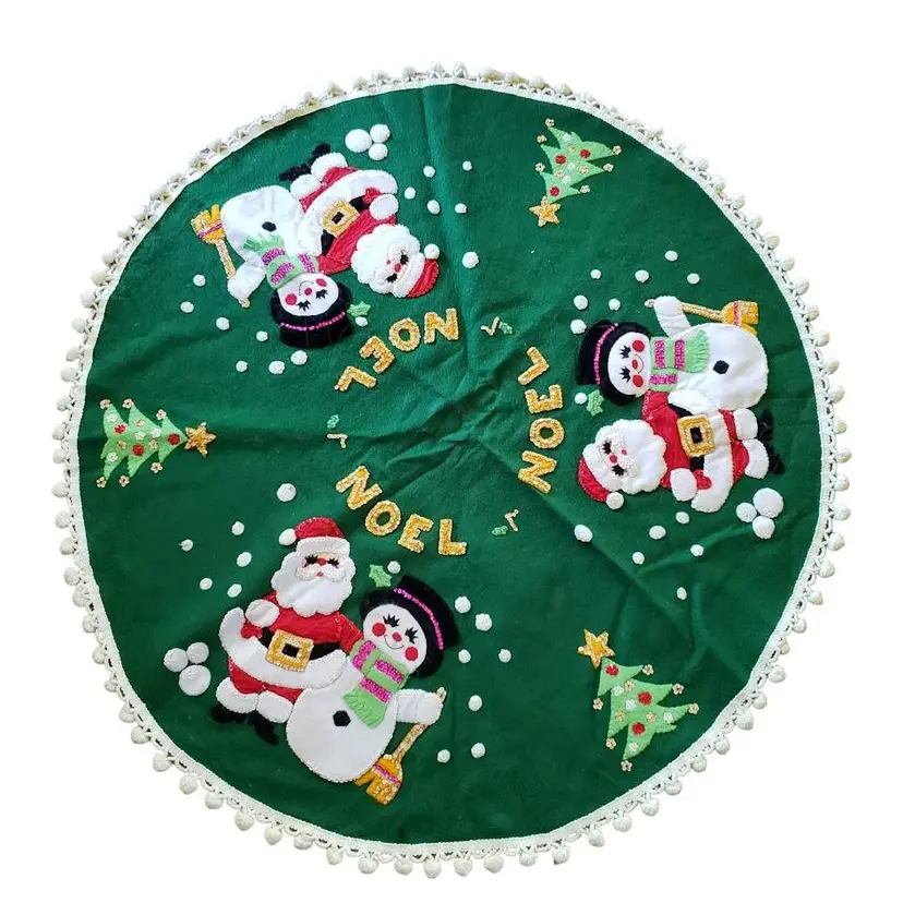 Vintage Christmas Tree Skirt Noel Competed Bucilla Kit Felt Sequins Beads Pom Pom Balls 41" Round