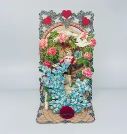 Antique German 1910s Die-Cut Stand-Up Valentine Card with Honeycomb Flowers