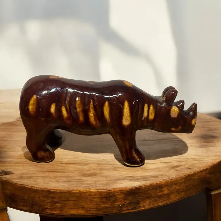 Vintage Rockingham Pottery Rhino, Brown Drip Treacle Glaze Rinoceros