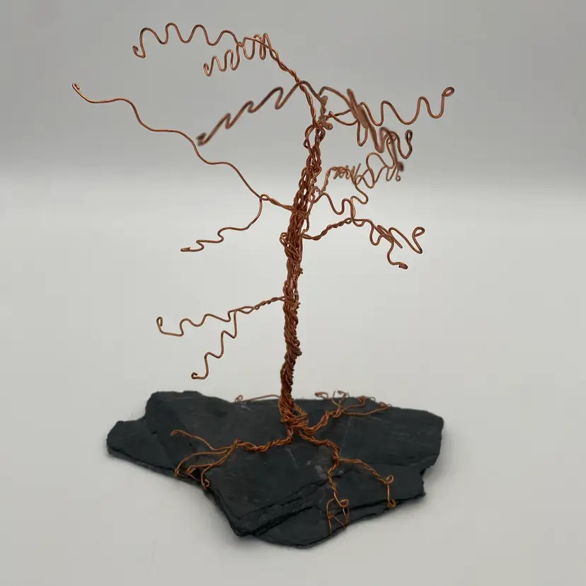 Handmade Copper Wire Tree Sculpture on Rock - Decor or Jewelry Hanger - 8.5”