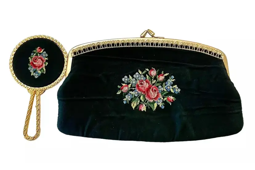 Handmade Clutch Purse And Matching Mirror Needlepoint Floral Black 8" L x 5" W