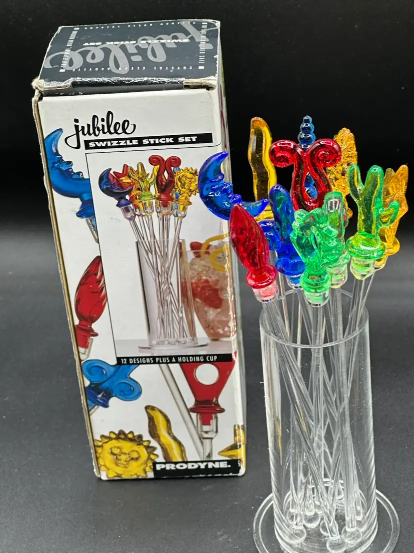 Vintage Swizzle Sticks Plastic Set Of 12 With Storage