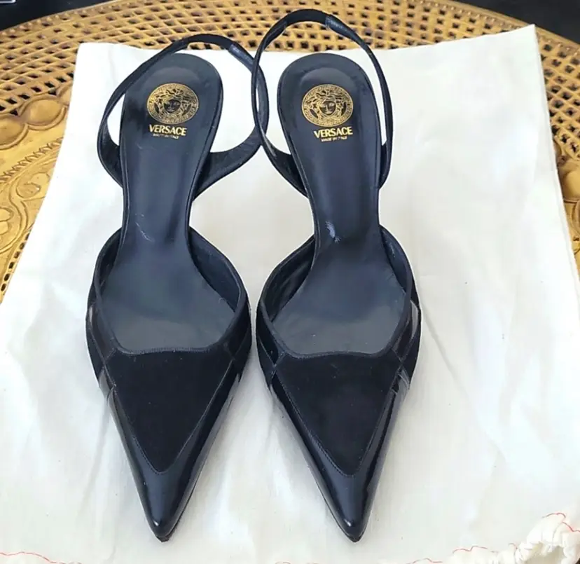 VERSACE Black Leather /Suede Pointed Toe Mules with Sling Back Woman’s Size 36.5