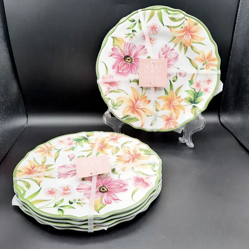 Soho Loft Floral Pink Orange Dinner Plates Melamine Indoor Outdoor Set of 8 New