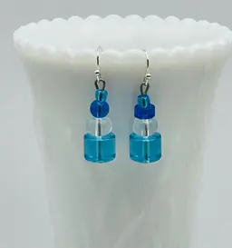 Handmade Earrings, Blue/Clear Glass Beads, Silver Tone Accents, White Drawstring Bag