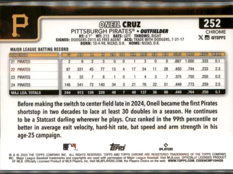2025 Topps Chrome #252 Oneil Cruz Sepia Refractors - (138) - Pittsburgh Pirates
