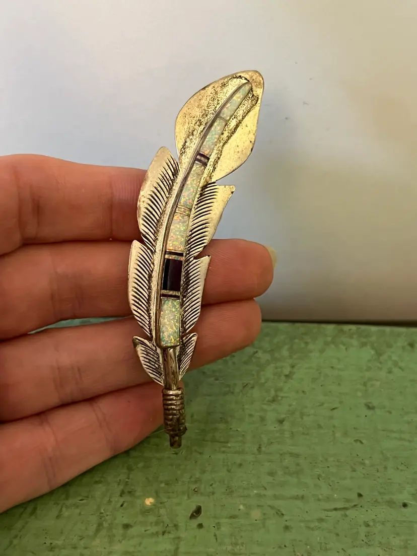 Billy Long Navajo Sterling, Opal, Onyx Feather Pin. Vintage Native American Jewelry. Marked BL