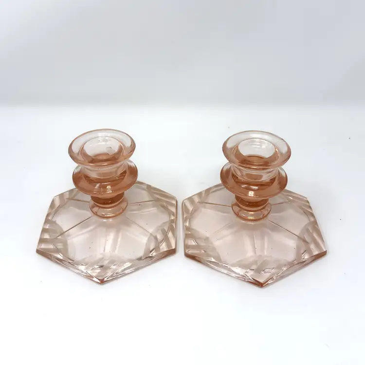 Pink Art Deco Glass Taper Holders, Vintage Pair with Hexagonal Etched Bases  (0030-26)