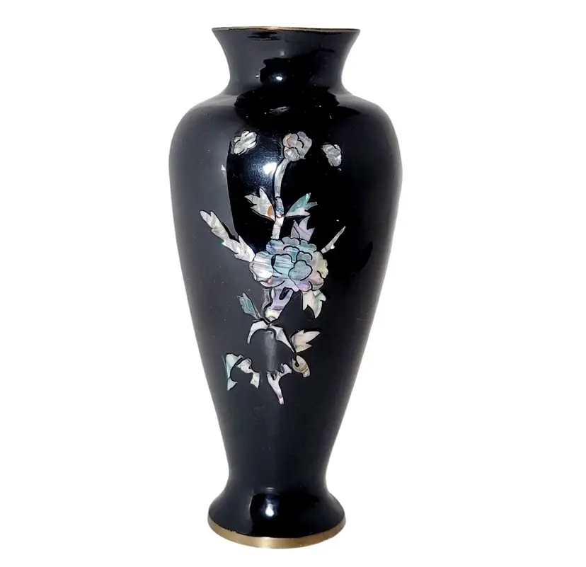 Vtg Asian Japanese Baluster Vase Black Lacquer & Mother of Pearl Floral Inlay 7"