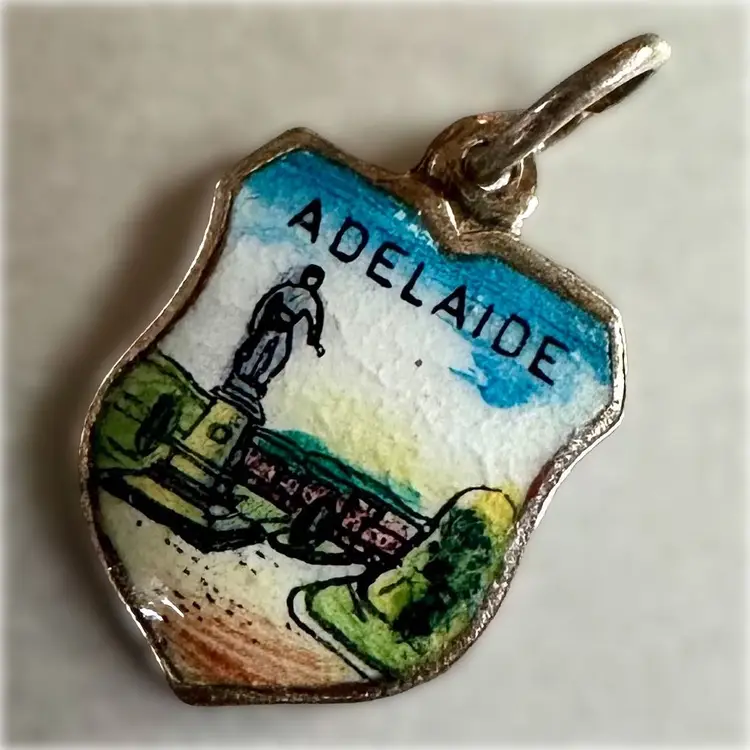 Australia - Adelaide - Vintage Enamel Souvenir Travel Shield Bracelet Charm - Silver Plate