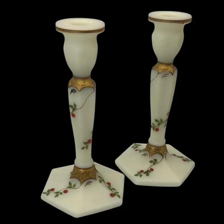 Fenton Satin Glass Hand painted Winter Berries Candlesticks (2) 8.5” x 4.5”