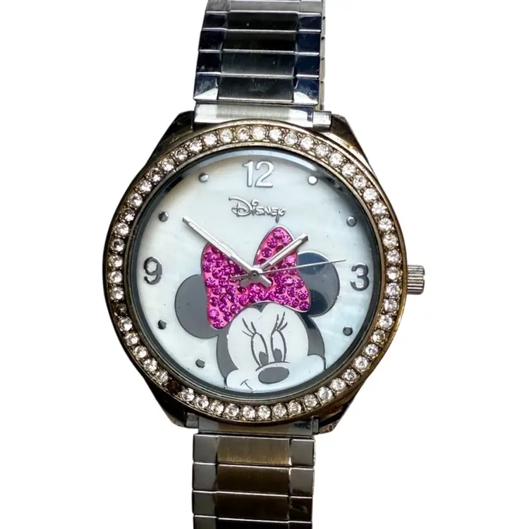 Disney Watch 46 Rhinestone Punk Silver Minnie Mouse Watch Stretch Band