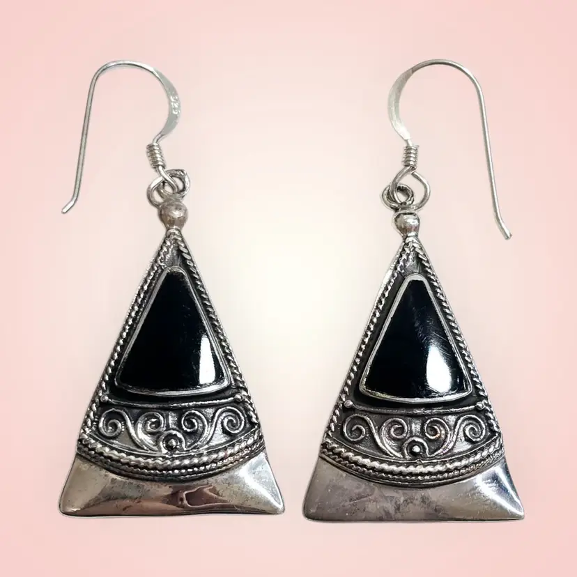 Vintage Sterling Silver 925 Black Onyx Triangle Dangle Earrings