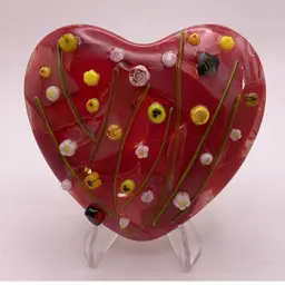Made by Me! Fused Glass 3.5" Heart Paperweight 3D Flowers & Bugs Handcrafted Studio Art