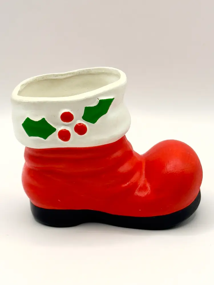Vintage 1976 Santa Claus Boot Planter Vase, Hand-painted Red and White Ceramic Christmas Decor, Signed Mary McQueen