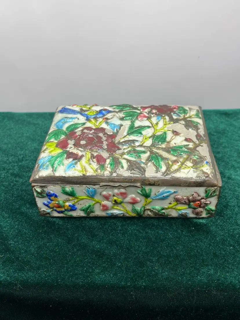 4.5” X3”x 1.5” Antique Cloisonné Enameled On Brass Hinged Lidded Trinket Box