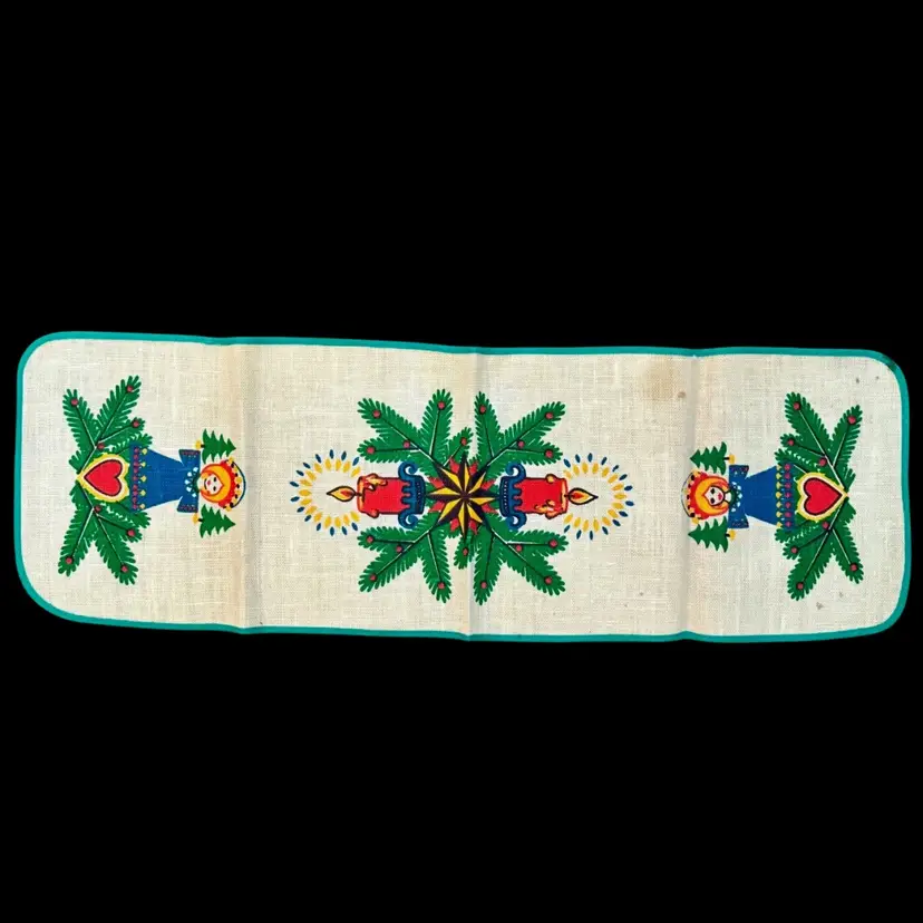 Vintage Burlap Jute Folk Christmas Table Runner, Candles, Angels READ