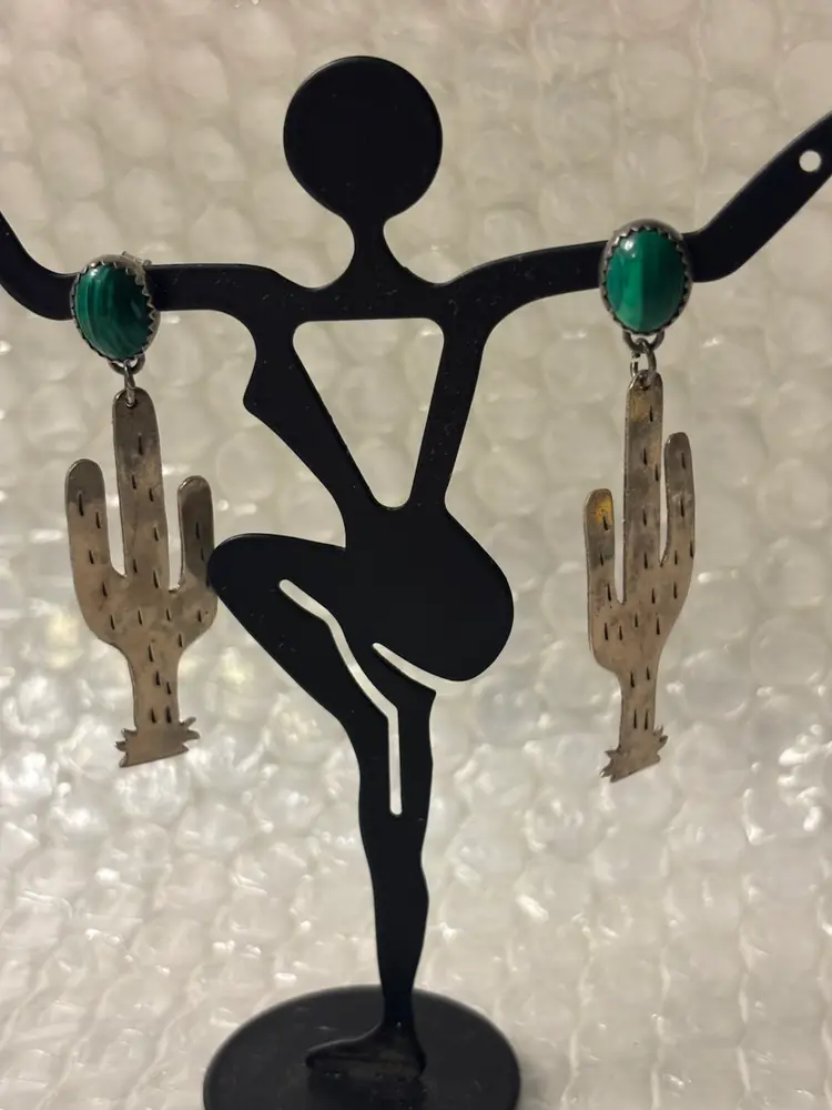 Vintage Sterling Silver Native American Cactus Dangle Malachite Earrings